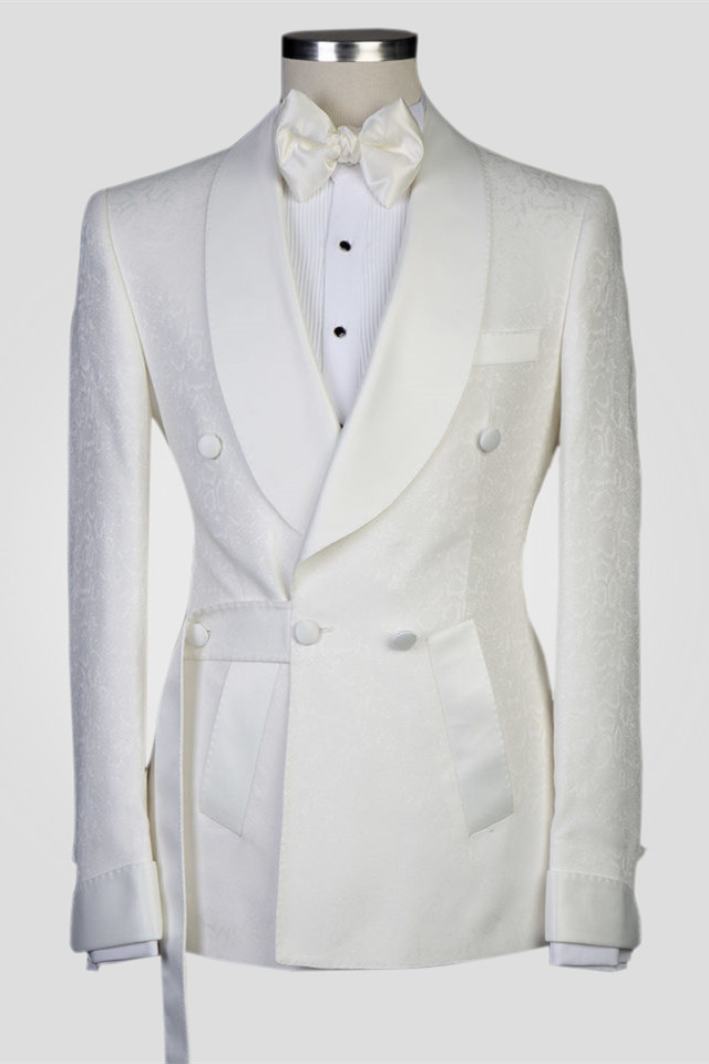 Roy White Jacquard Double-Breasted Shawl Lapel Men's Suits for Wedding