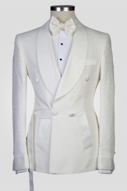 Roy White Jacquard Double-Breasted Shawl Lapel Men's Suits for Wedding