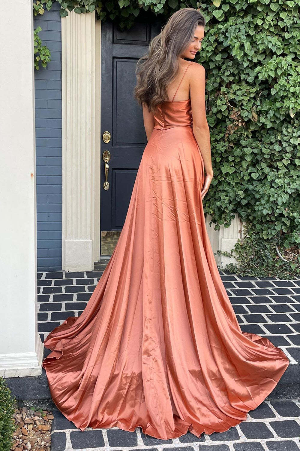 Blush Spaghetti Strap A-Line Long Prom Dress with Front Split