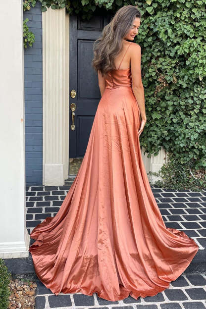 Blush Spaghetti Strap A-Line Long Prom Dress with Front Split