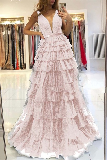 Evening Dress Sleeveless Layered V-Neck