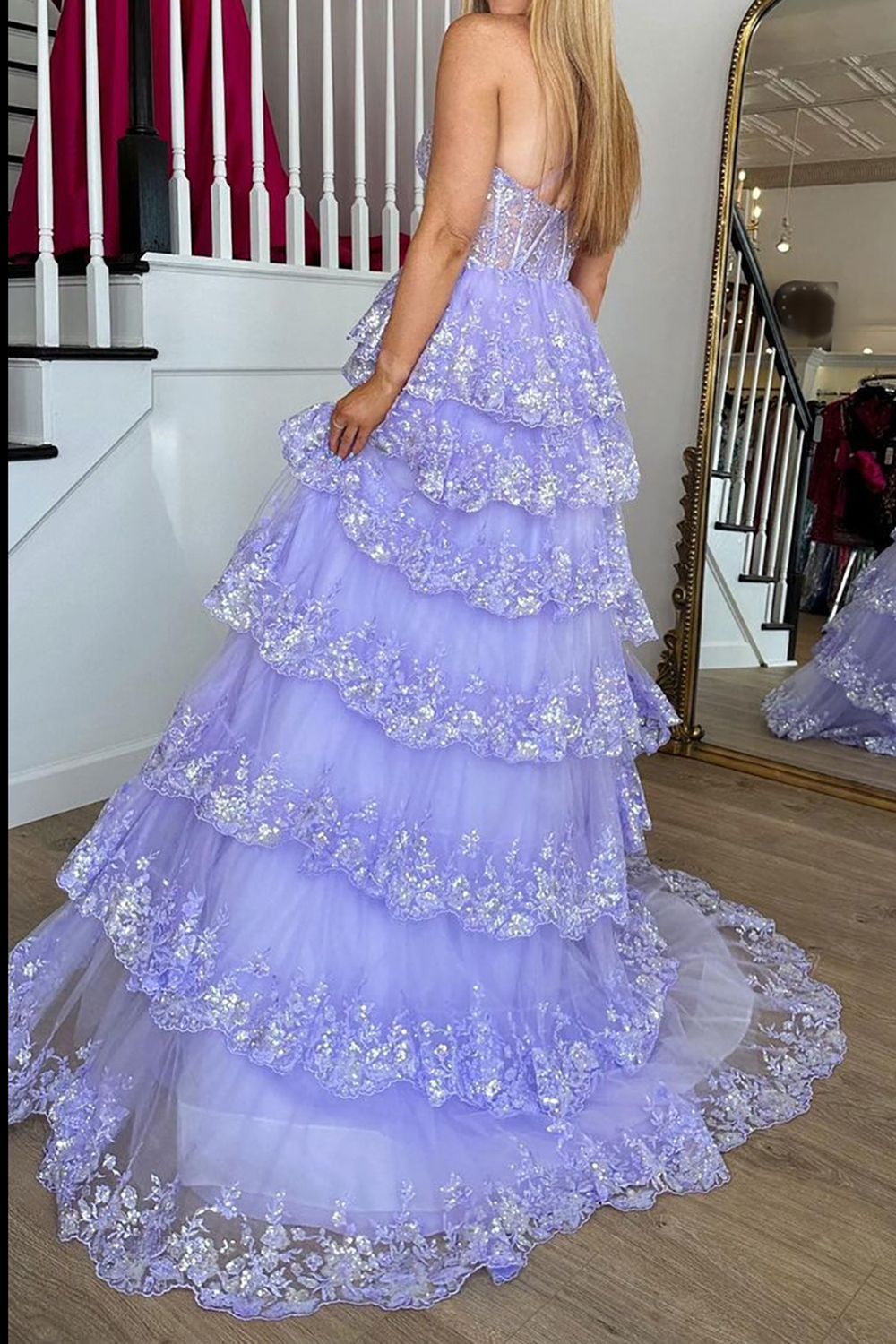 Light Purple Long Prom Dress with One Shoulder and Lace Ruffles in A-Line Princess Style