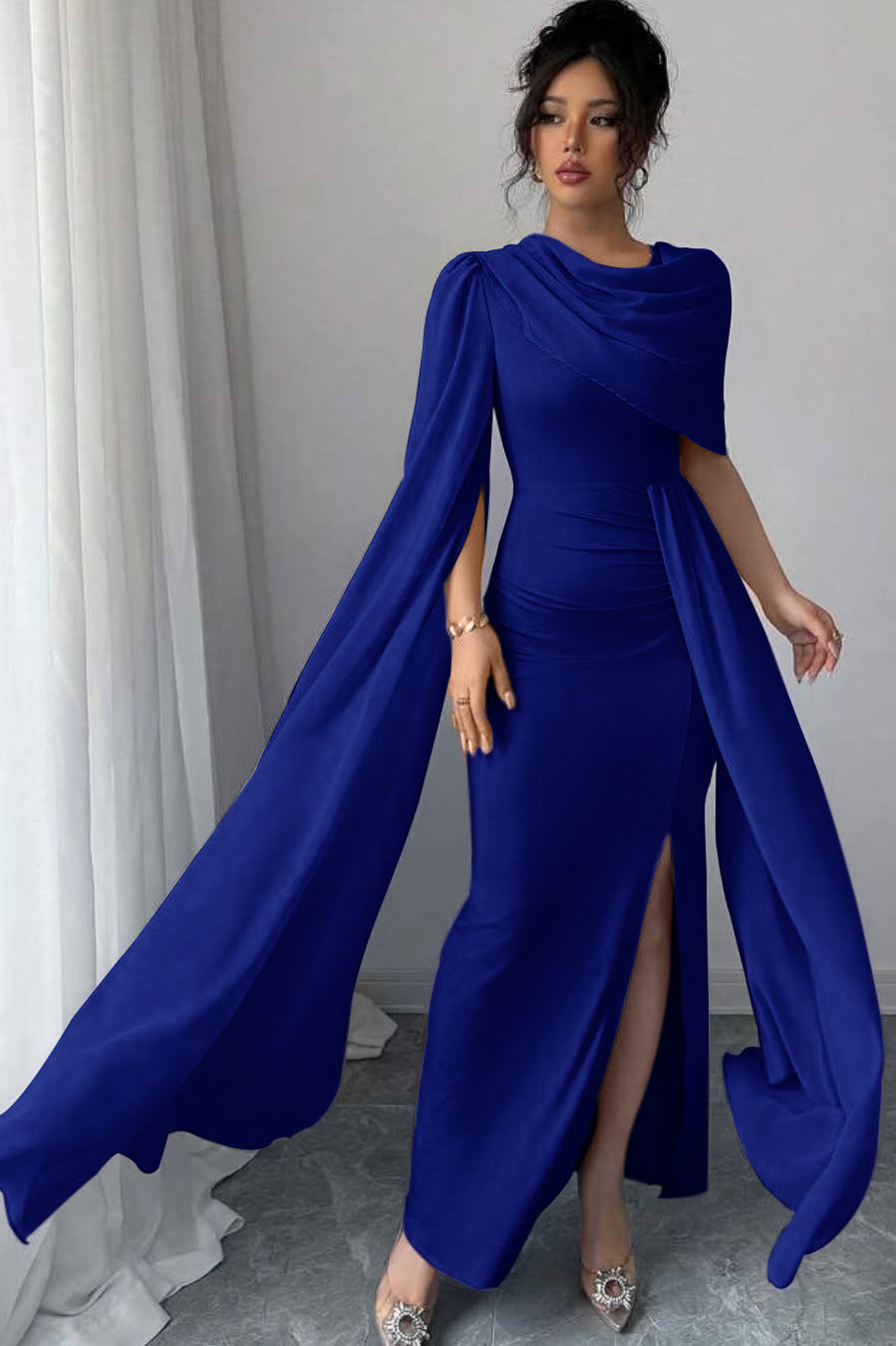 Sleeveless Jewel Neck Long Mermaid Formal Dress With Split Pleated
