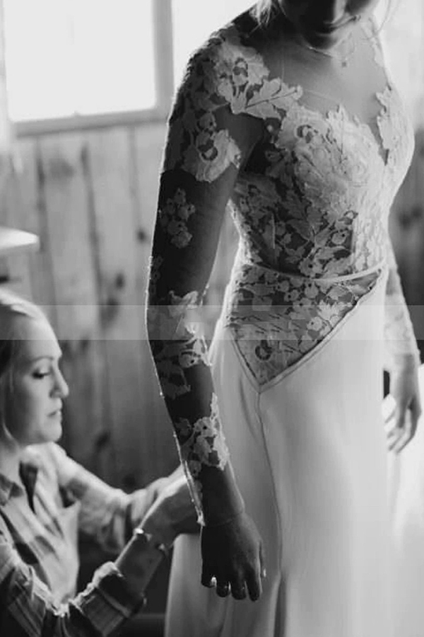 Classic Lace Floor-Length Long Sleeve Sheer Wedding Dress with Tulle A-Line
