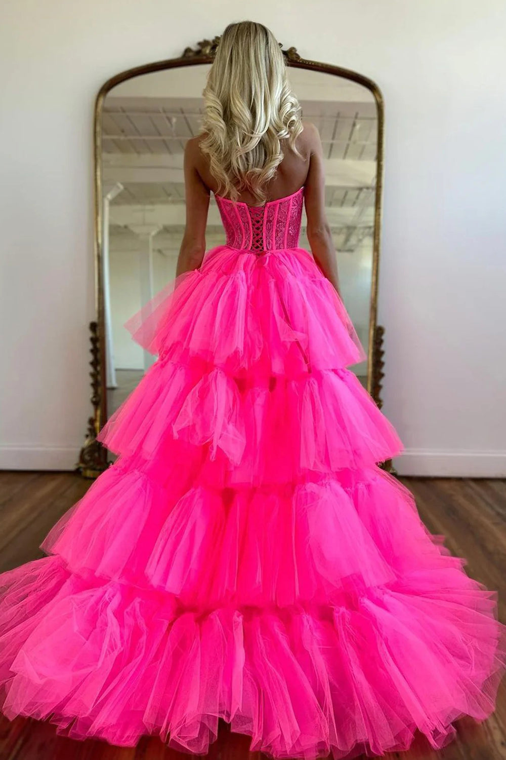 Sweetheart Hot Pink Corset Prom Dress with Appliques in A-Line High-Low Style