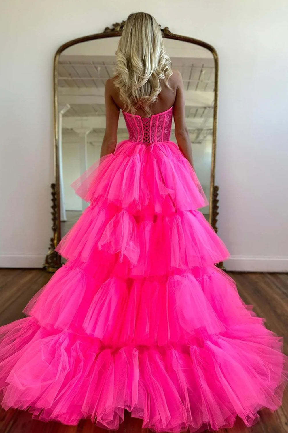 Sweetheart Hot Pink Corset Prom Dress with Appliques in A-Line High-Low Style