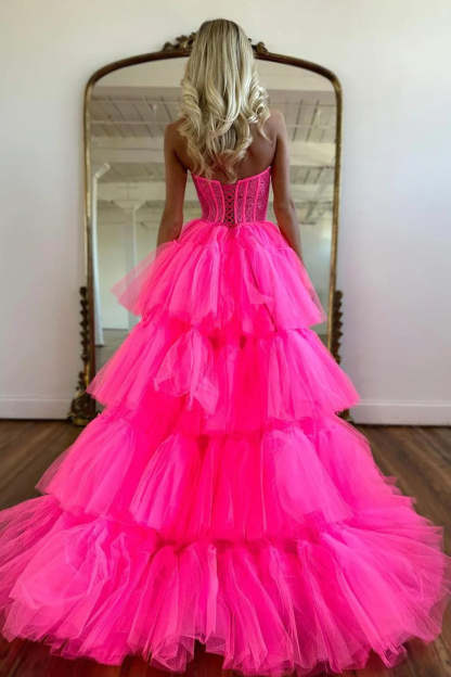 Sweetheart Hot Pink Corset Prom Dress with Appliques in A-Line High-Low Style