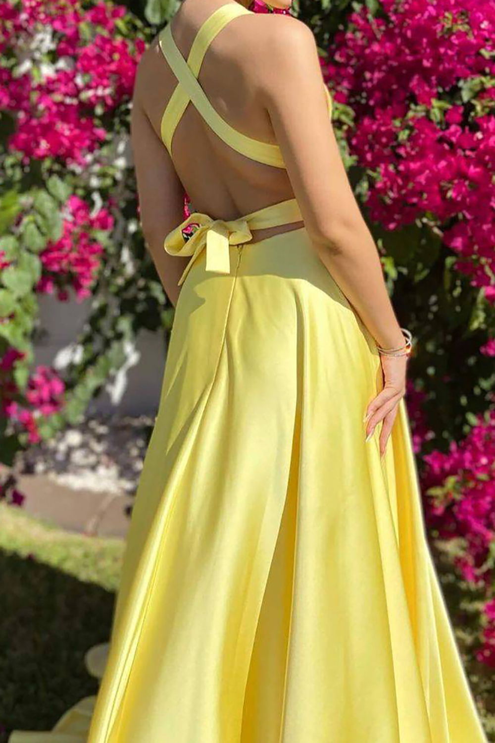 Elegant Yellow A-Line Long Prom Dress with Deep V Neck and Criss Cross Back