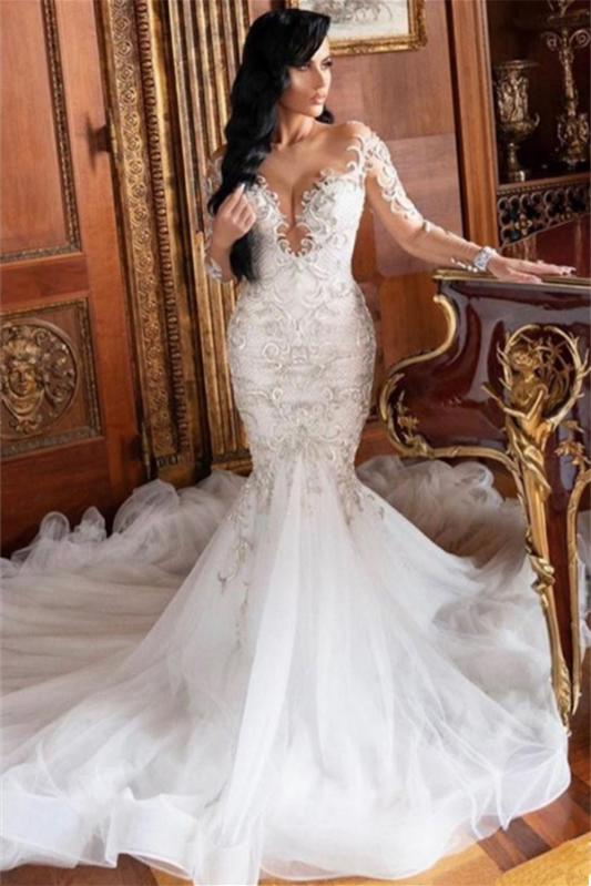 Mermaid Long Sleeves Lace Appliques Wedding Dress