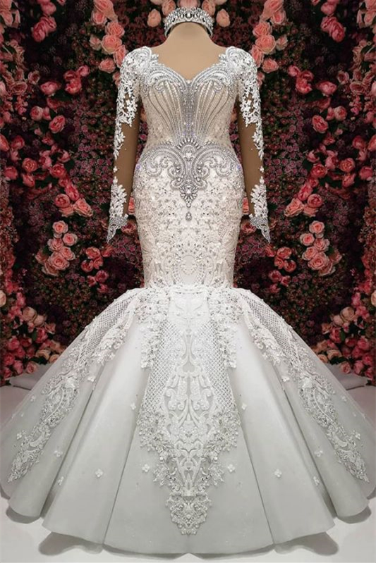 Elegant Sweetheart Mermaid Long Sleeves Lace Appliques Wedding Dress with Beadings