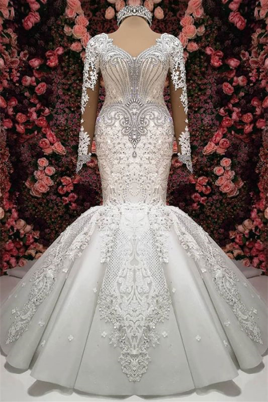 Elegant Sweetheart Mermaid Long Sleeves Lace Appliques Wedding Dress with Beadings