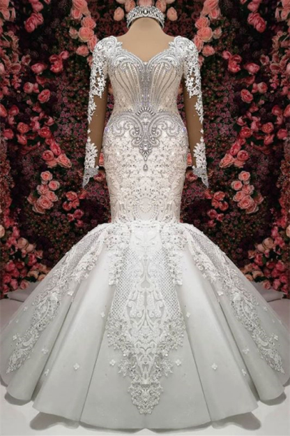 Elegant Sweetheart Mermaid Long Sleeves Lace Appliques Wedding Dress with Beadings