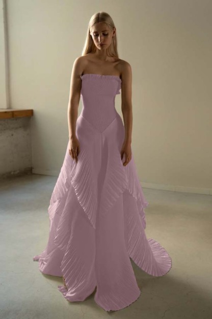 Chic Strapless Sleeveless Long Formal Dress With Ruffles Pleated