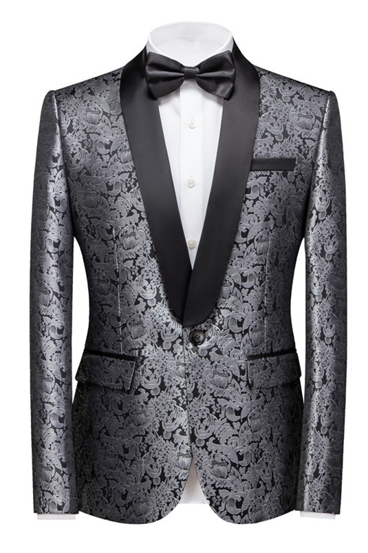 Unique Silver Shawl Lapel Jacquard One-Button Wedding Suit for Men