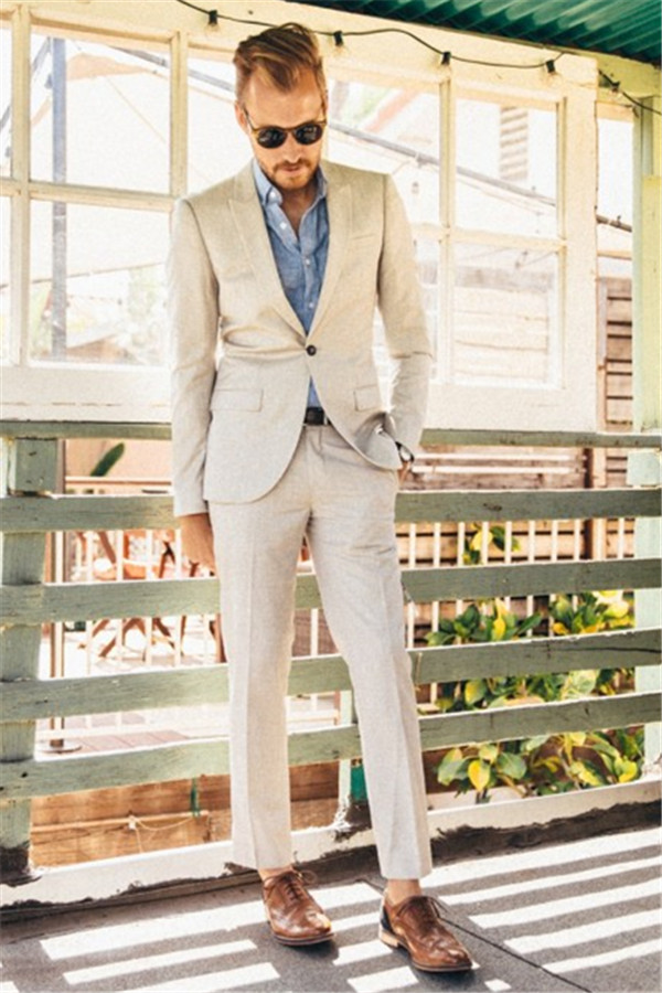 Latest Ivory Linen Slim Peaked Lapel Two-Piece Men's Suits for Wedding