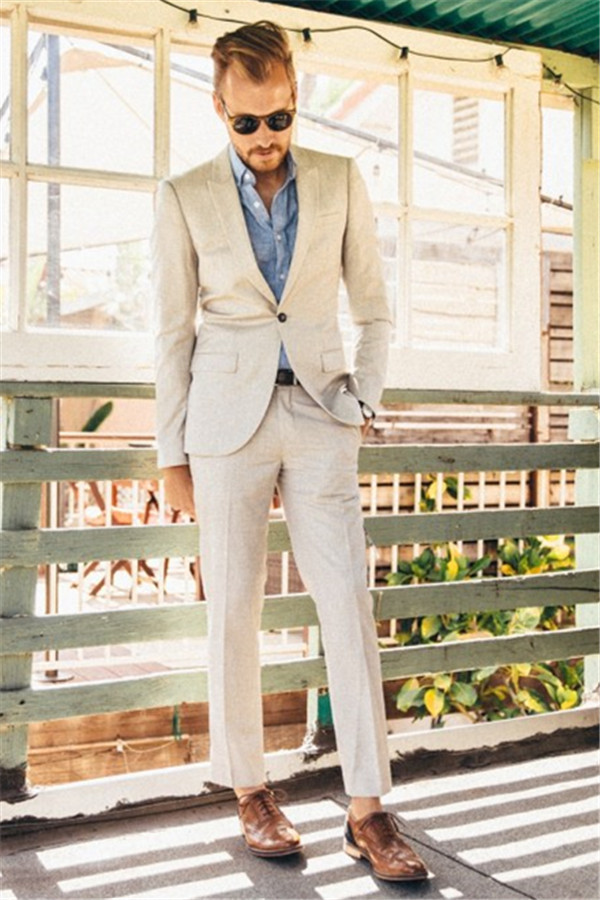 Latest Ivory Linen Slim Peaked Lapel Two-Piece Men's Suits for Wedding