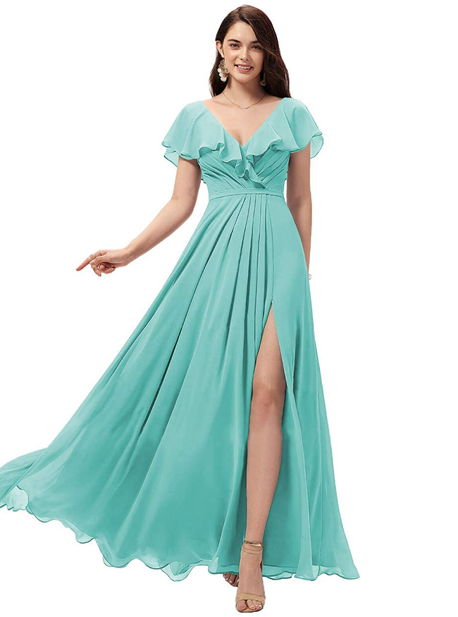 Chiffon Ruffles Bridesmaid Dress with Split