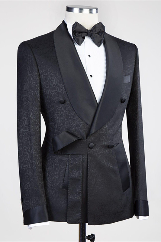 Black Shawl Lapel Double-Breasted Jacquard Wedding Suit