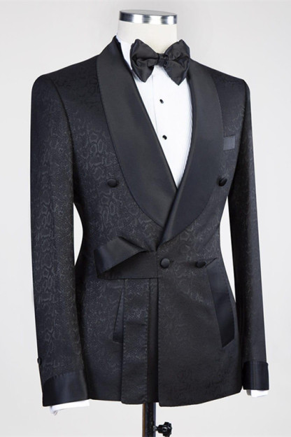 Black Shawl Lapel Double-Breasted Jacquard Wedding Suit