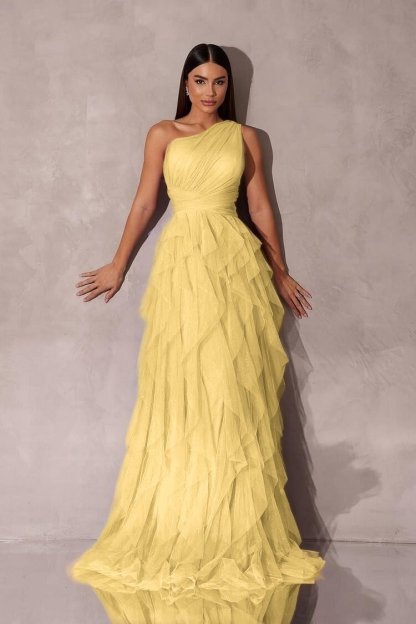 Chic One Shoulder Sleeveless Long Formal Dress With Tulle Ruffle