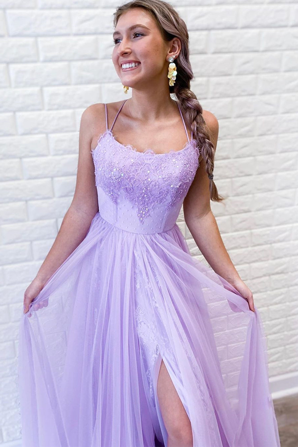 Prom Dress in Light Purple Tulle Featuring Lace
