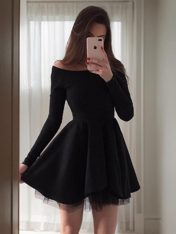 Chic Black Strapless Unique Short Mini cocktail Dress With Long Sleeves