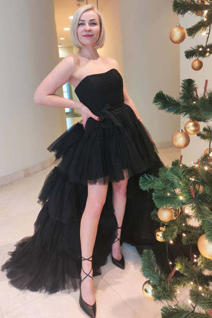 Elegant Fuchsia Prom Dress with High Low Hem and Ruffled Strapless Design