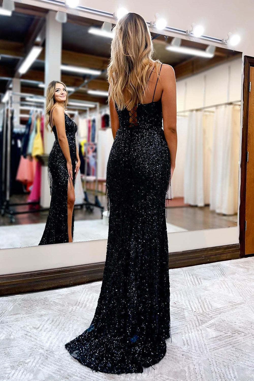 Prom Dress with Black Sequined Spaghetti Straps
