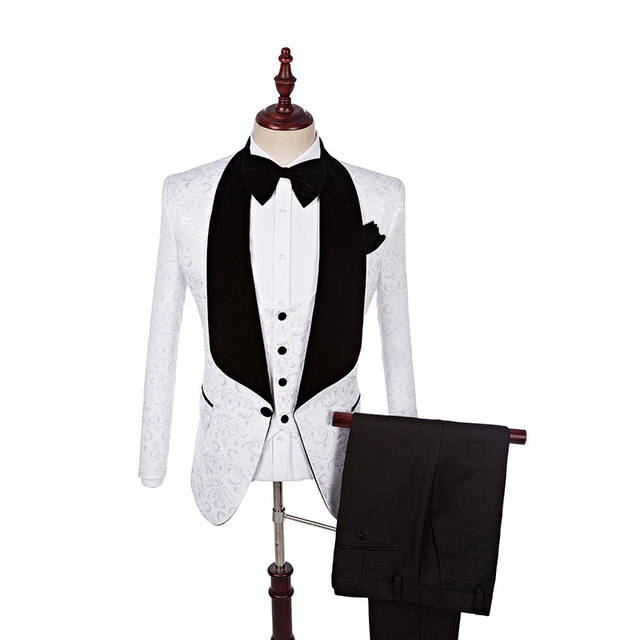 Dillon White Fashion Jacquard Shawl Lapel Three-Piece Wedding Suits
