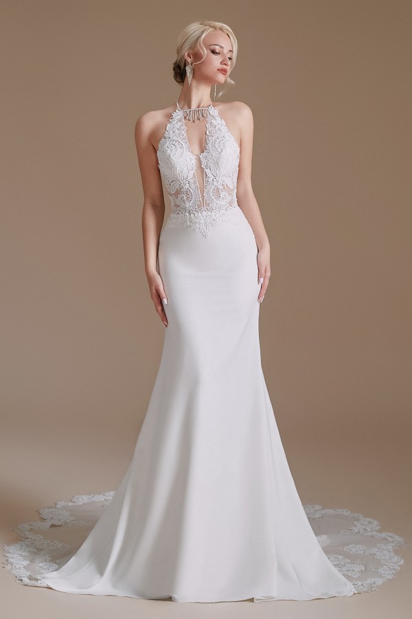 Charming Backless Long Mermaid Halter Satin Wedding Dresses with Appliques Lace