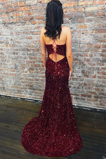 Burgundy Sequined Long Prom Dress with Deep V Neck and Silt in Mermaid Style