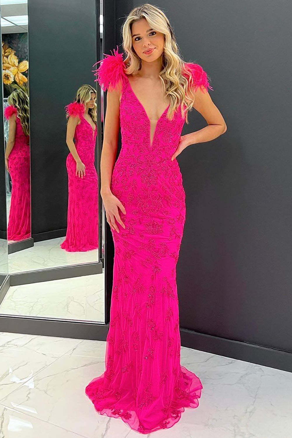 Hot Pink Long Prom Dress with Deep V Neck and Mermaid Feather Design