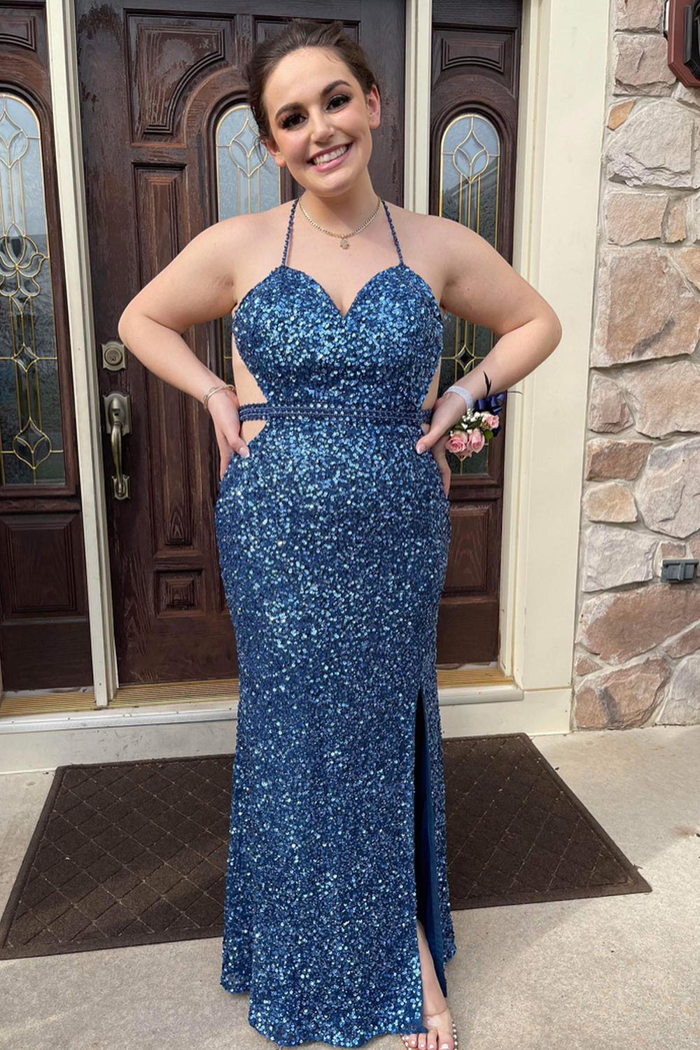 Grey Blue Sequined Plus Size Prom Dress with Halter Neckline and Front Split