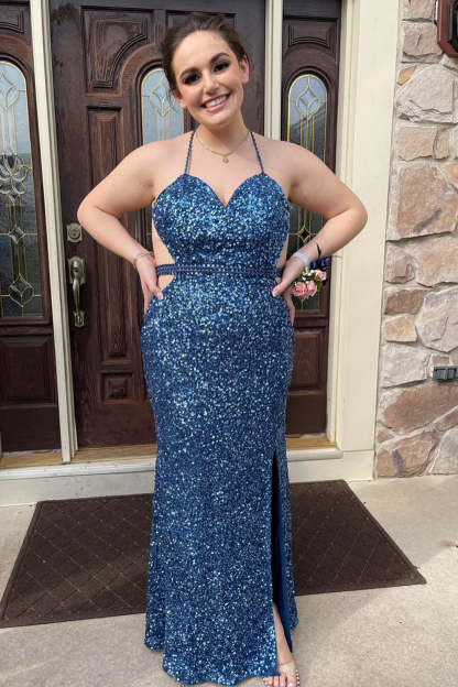 Grey Blue Sequined Plus Size Prom Dress with Halter Neckline and Front Split