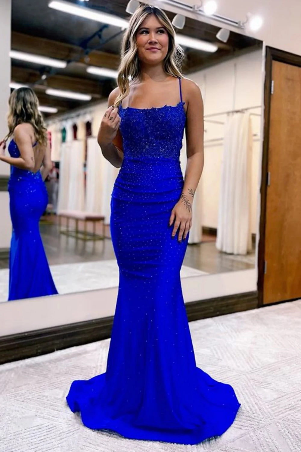 Dark Green Long Prom Dress with Mermaid Spaghetti Straps and Appliques