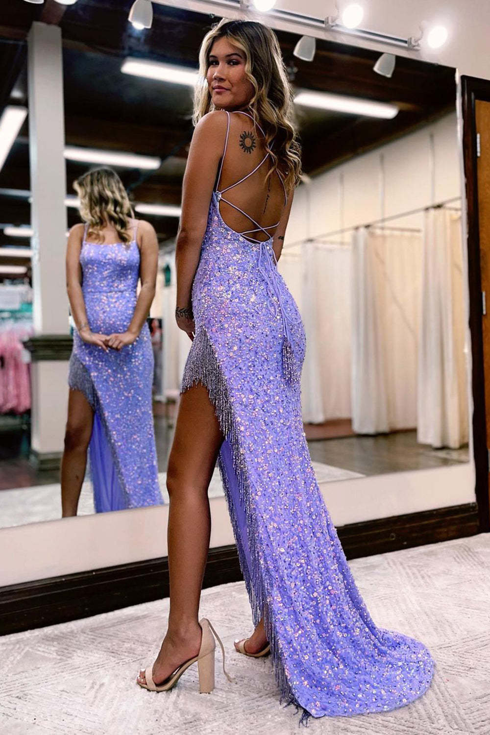 Long Lilac Sequined Prom Dress with Spaghetti Straps and Tassel