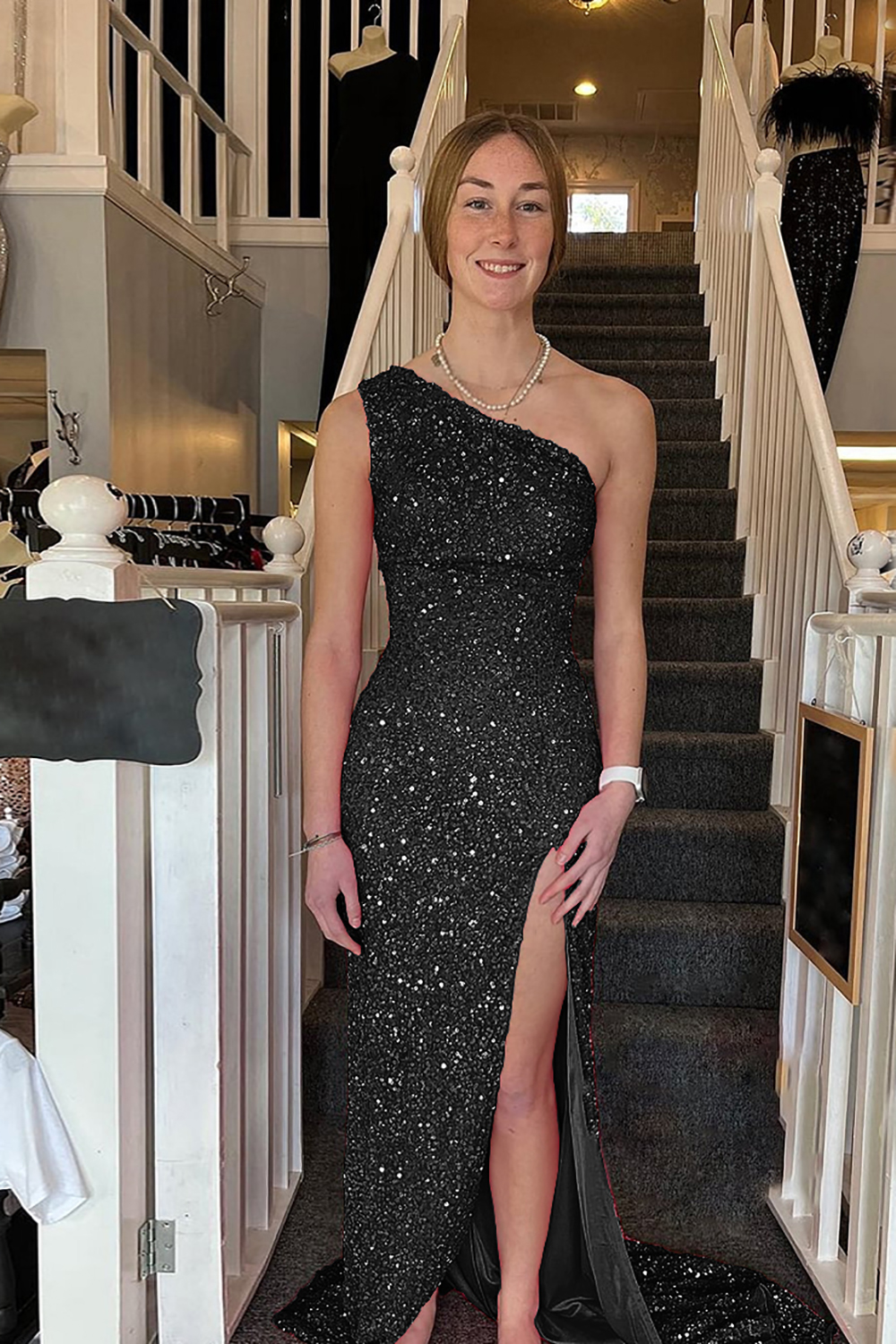 White Sequined Long Prom Gown with One Shoulder and Front Slit