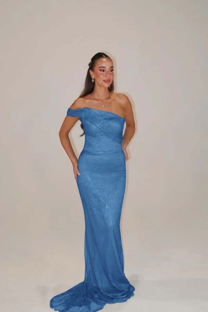 Sequins One Shoulder Sleeveless Long Mermaid Formal Dress With Pleated