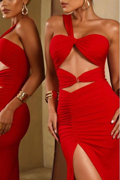 One Shoulder Sleeveless Sweetheart Split Long Formal Dress With Pleated