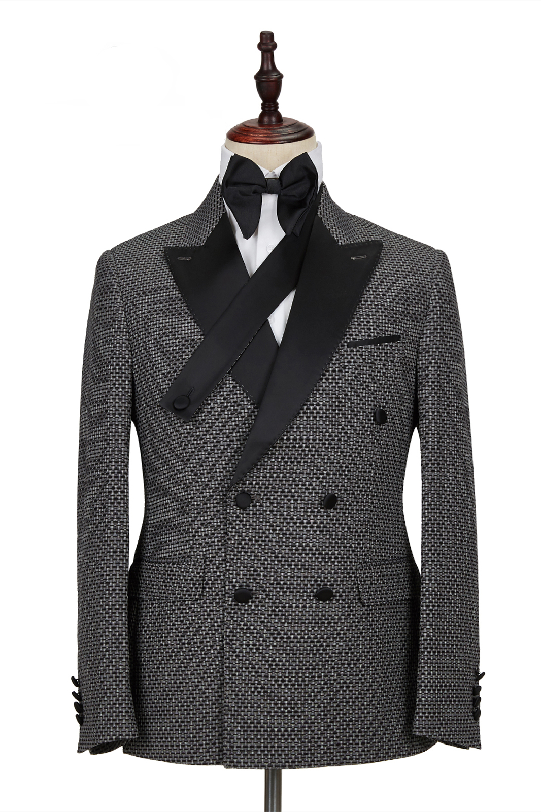Black-and-Gray Cruciform Satin Double-Breasted Peak Lapel Men's Formal Suit