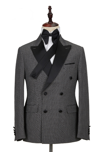 Black-and-Gray Cruciform Satin Double-Breasted Peak Lapel Men's Formal Suit