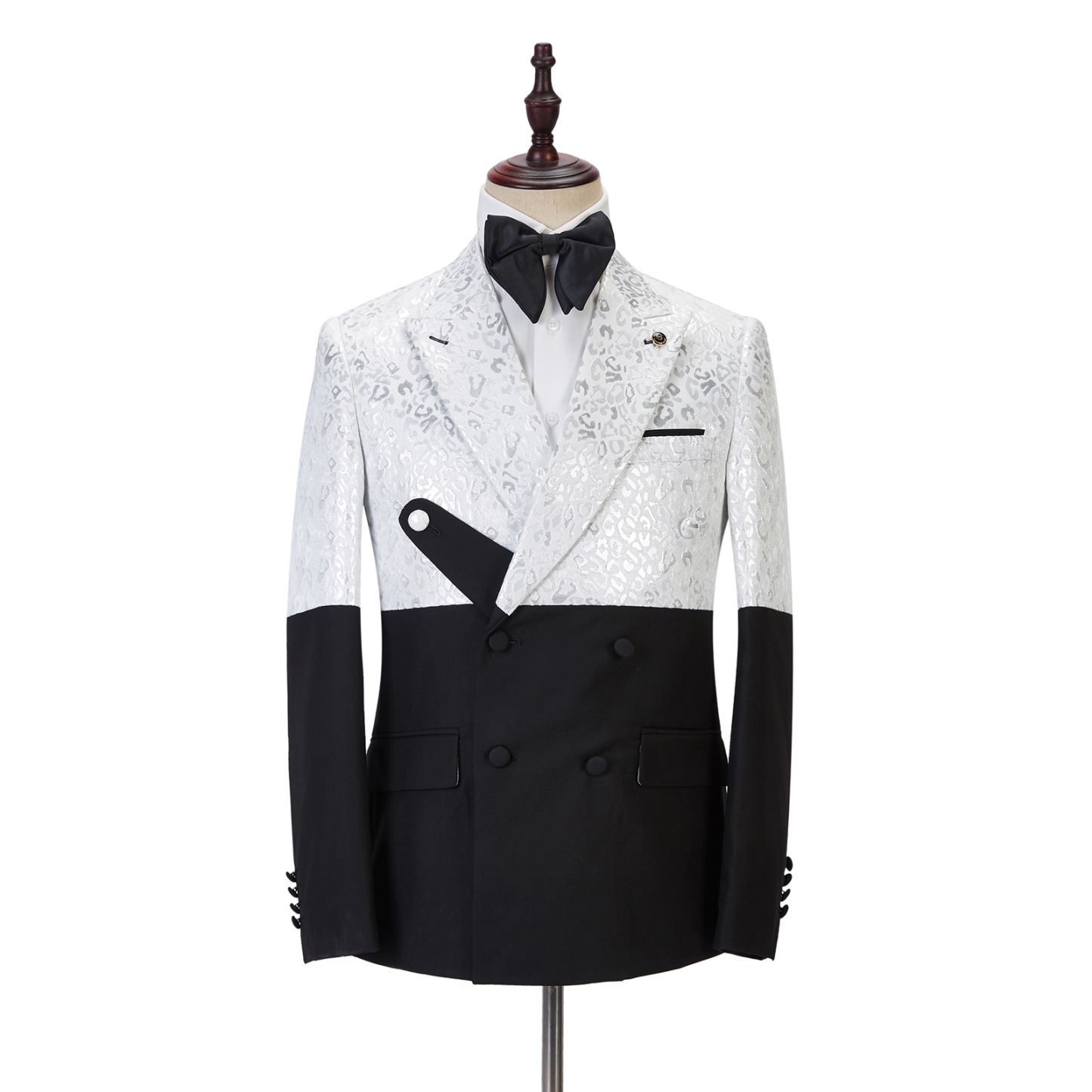 Handsome Black and White Peaked Lapel Marriage Blazer Suit with Jacquard