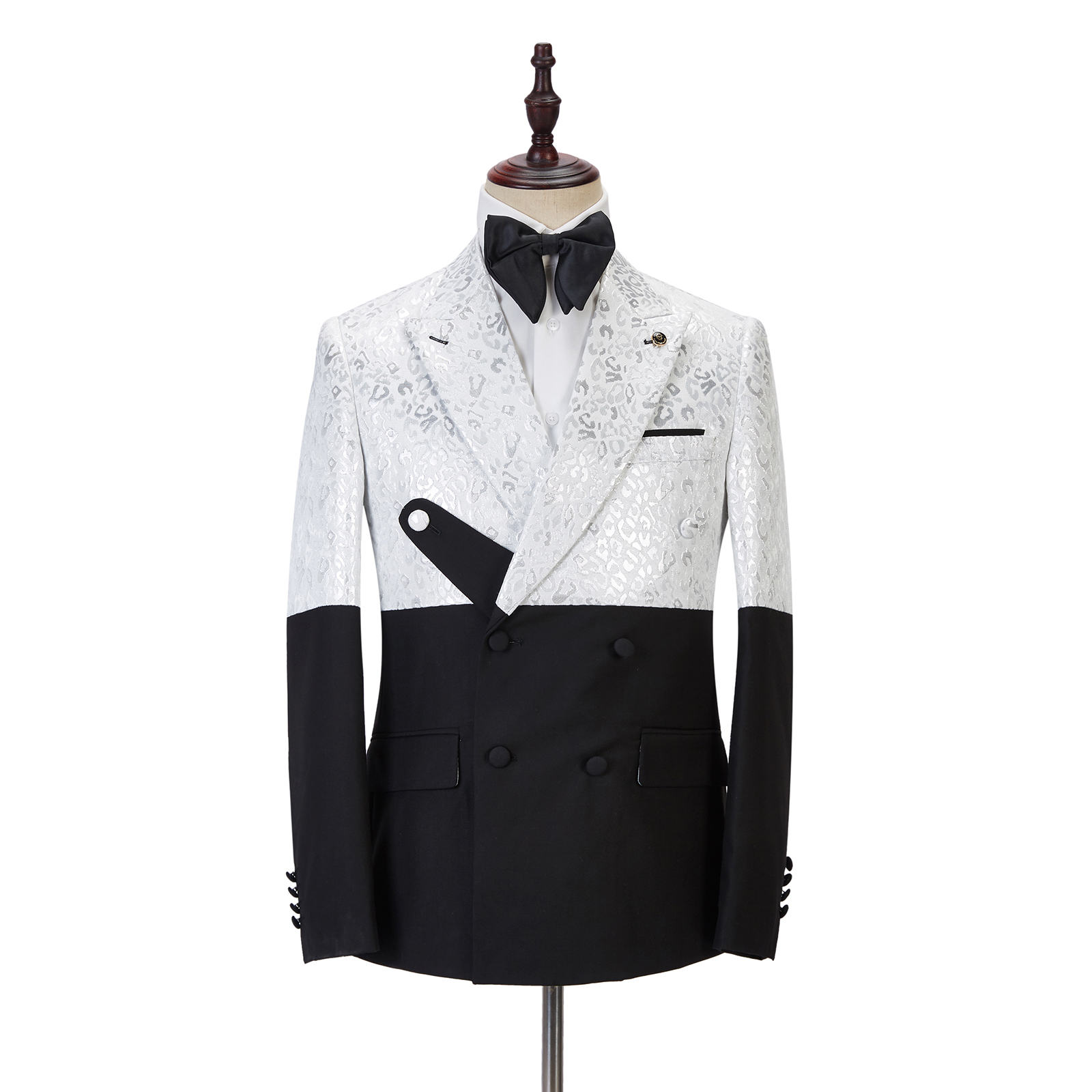 Handsome Black and White Peaked Lapel Marriage Blazer Suit with Jacquard