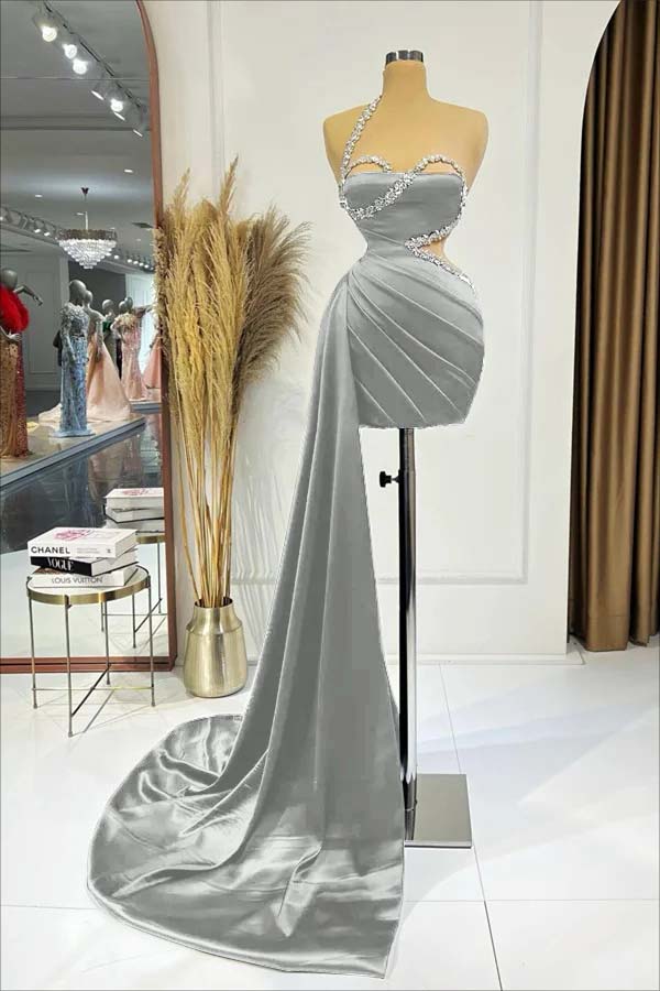 Beaded One-Shoulder Black Pleats Elegant Sexy Side Train Short Mini cocktail Dress