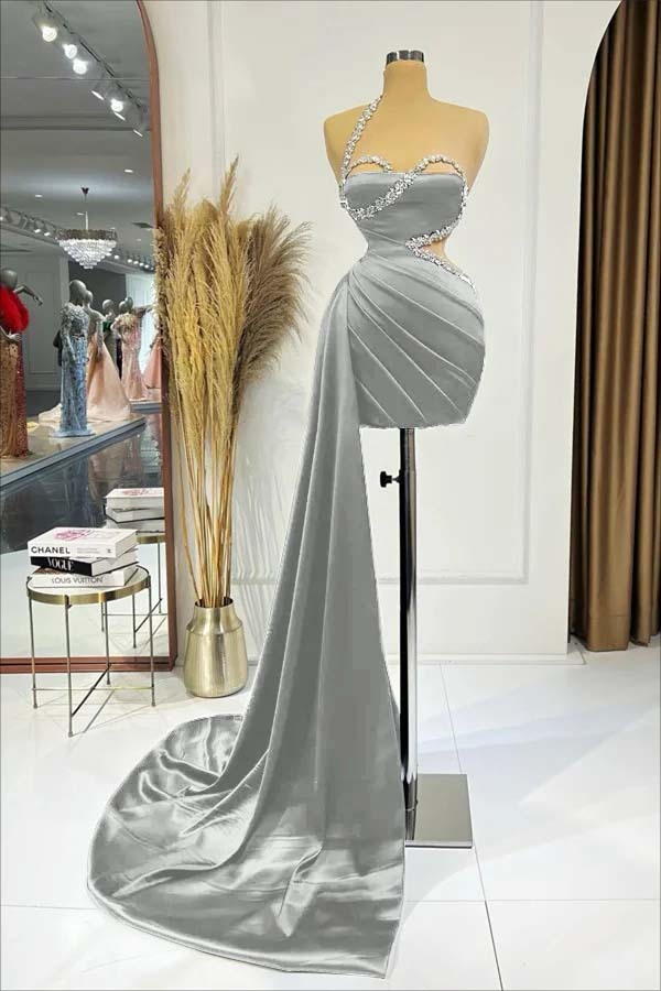 Beaded One-Shoulder Black Pleats Elegant Sexy Side Train Short Mini cocktail Dress