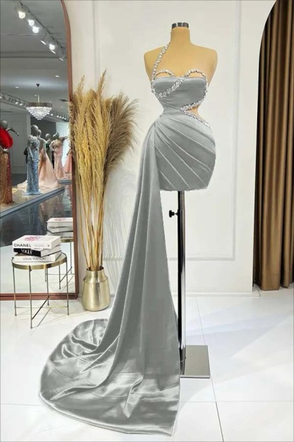 Beaded One-Shoulder Black Pleats Elegant Sexy Side Train Short Mini cocktail Dress