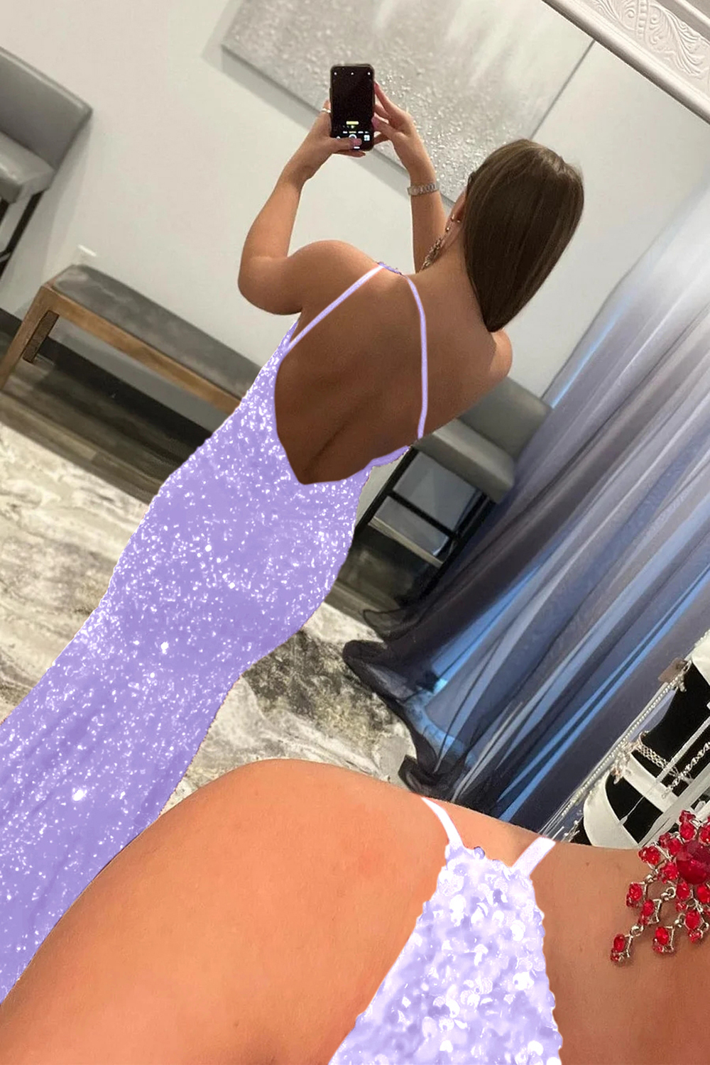 Long Prom Dress with Burgundy Mermaid Sequins