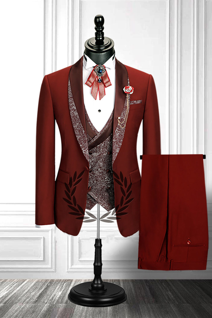 Stylish Red Stitching Lapel Double-Breasted Waistcoat Three-Piece Men's Suit