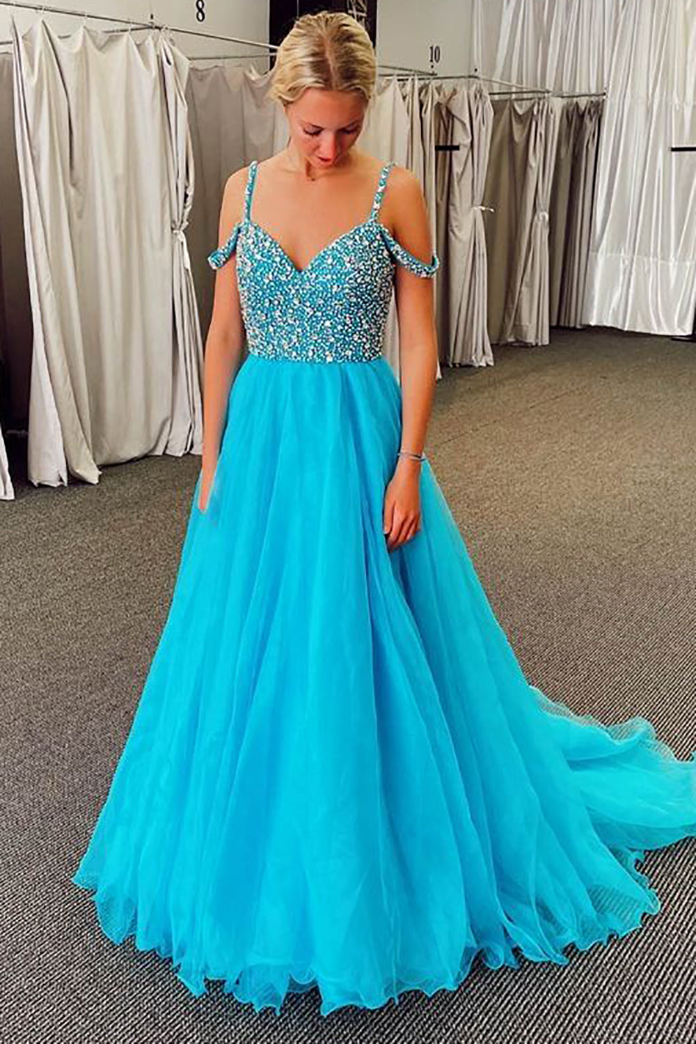 Long Cold Shoulder Prom Dress in Sparkly Blue with Beading A-Line Style