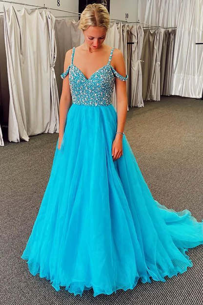 Long Cold Shoulder Prom Dress in Sparkly Blue with Beading A-Line Style
